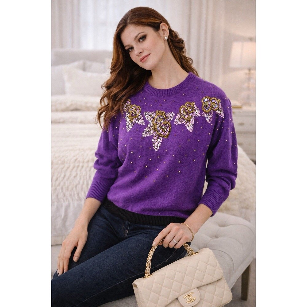Vintage Dana Scott Amethyst Beaded Sweater Floral Knit Women S - Picture 6 of 16